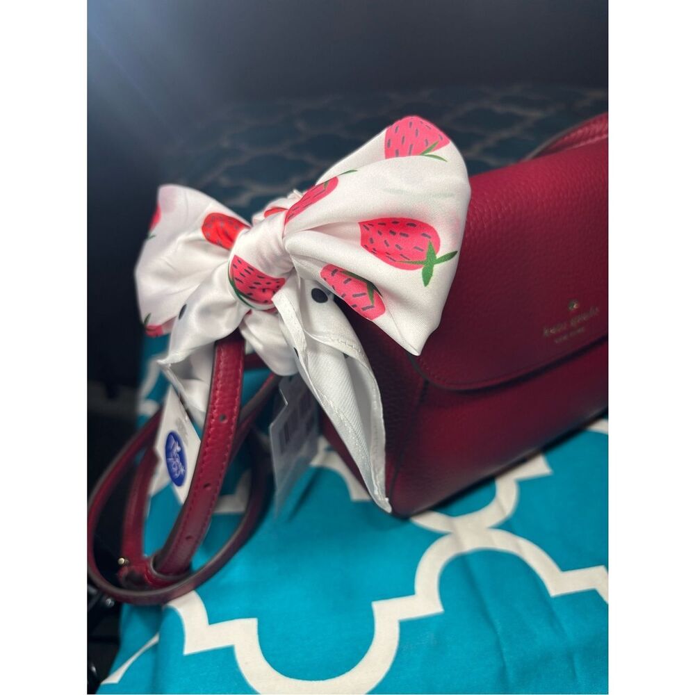 New White Scarf with Pink Strawberry Print and Black Polka Dots Twilly 20” Squar